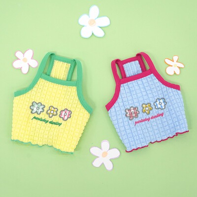 韩代宠物泡泡纱木耳边格纹花T恤