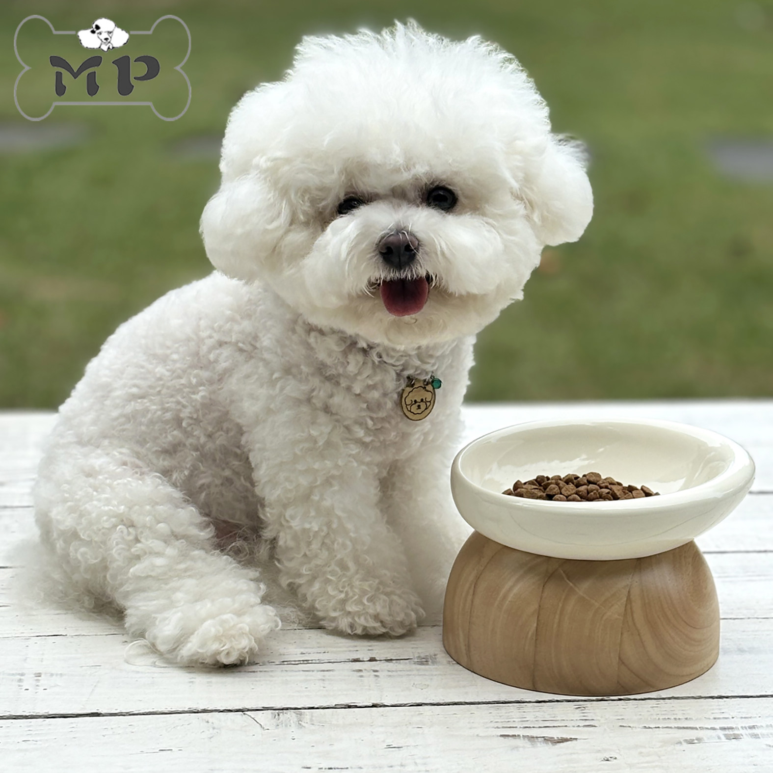 韩代宠物餐具实木半球碗架陶瓷碗