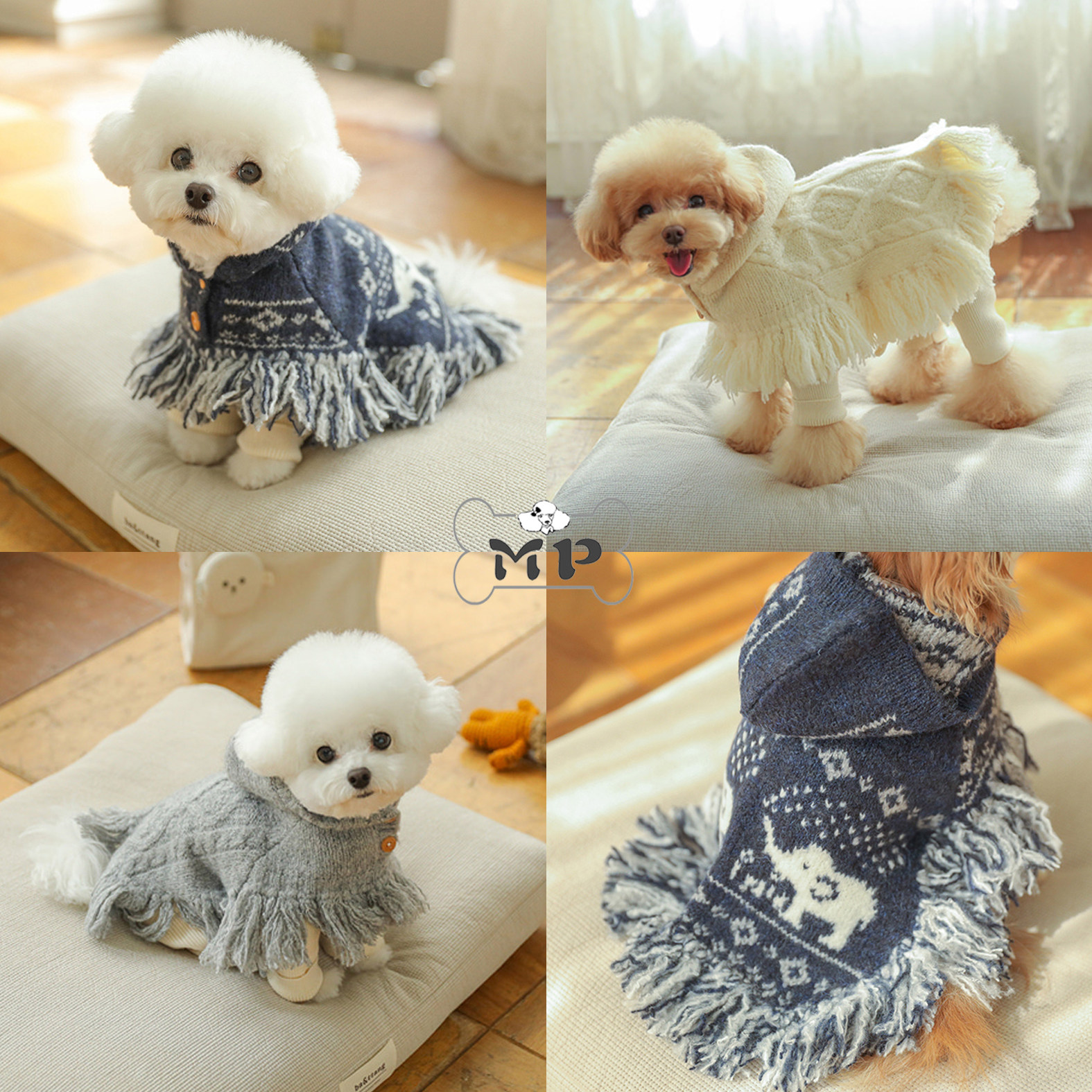 韩代宠物羊毛针织流苏连帽斗篷