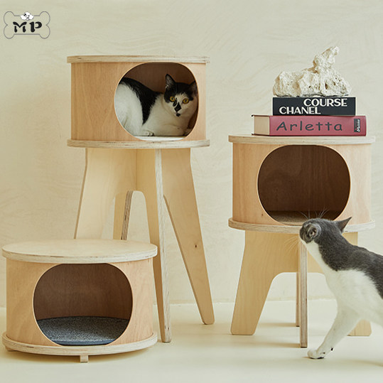 白桦木圆柱型含猫抓垫高低脚猫屋