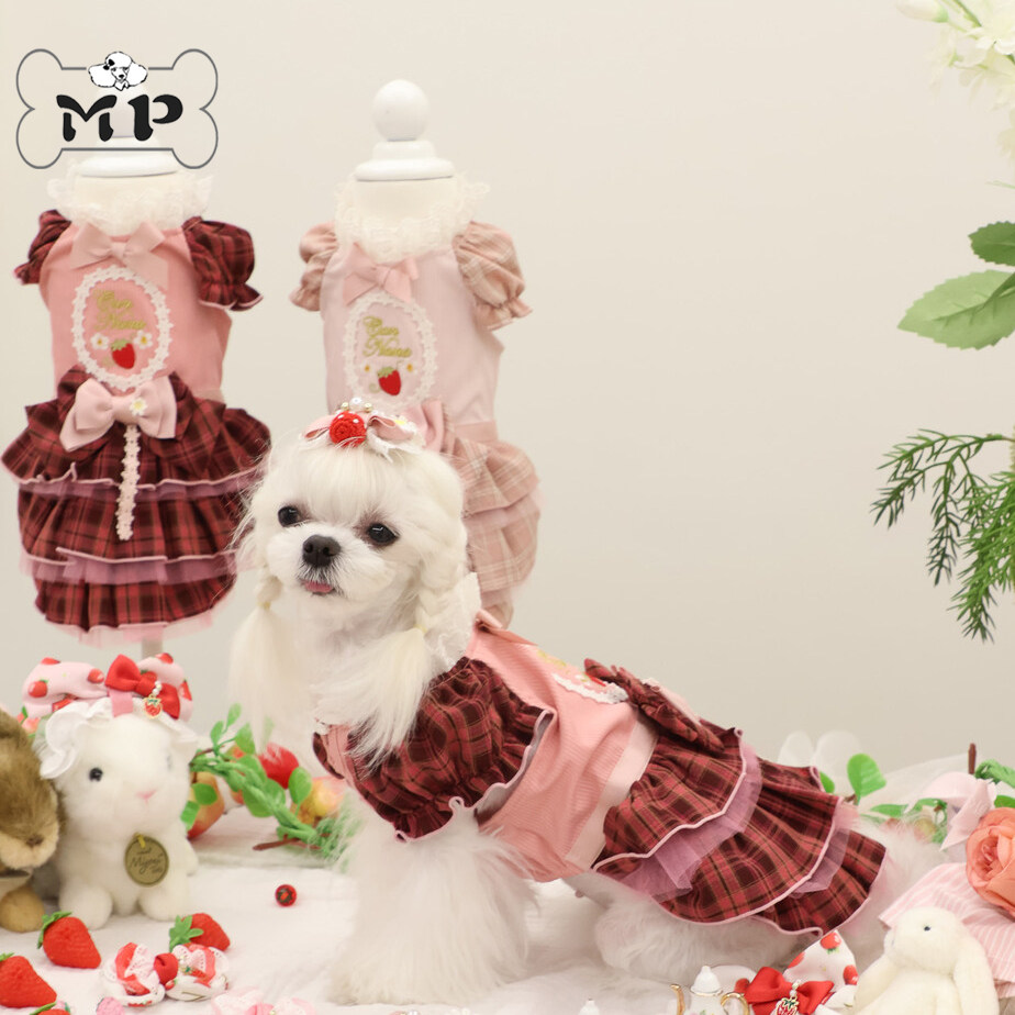 韩代宠物秋冬蕾丝草莓格纹连衣裙
