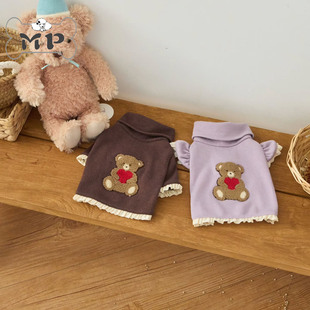 韩国eomuk宠物爱心小熊刺绣荷叶边飞袖 Pet 弹力高领T恤 Memory