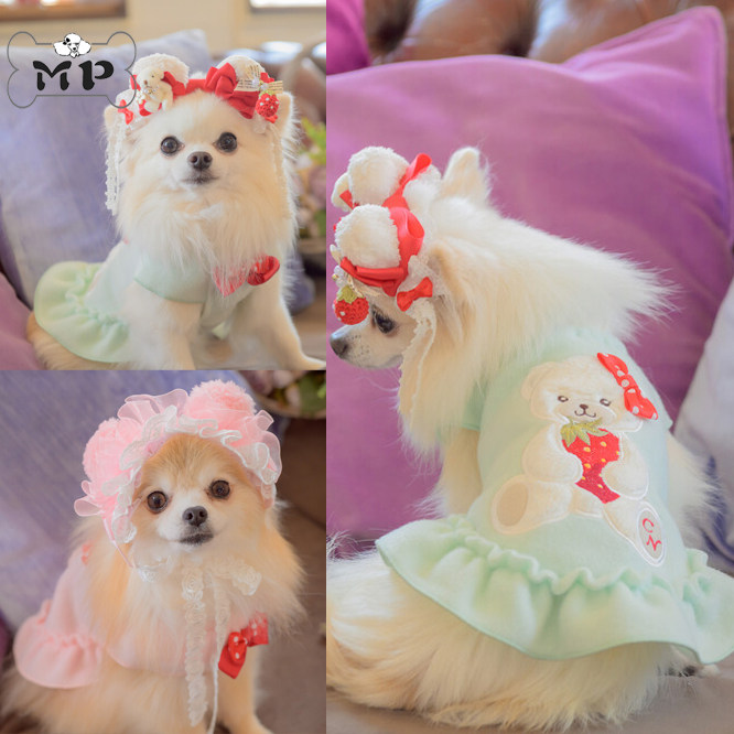 韩代宠物秋冬草莓熊发夹连衣裙