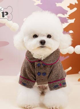 『Memory Pet』韩国代购宠物秋冬撞色保暖毛呢双排扣翻领刺绣外套