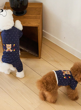 『Memory Pet』韩国eomuk宠物小熊刺绣圆点弹力深蓝色T恤四脚衣