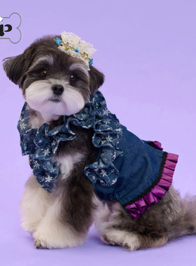 『Memory Pet』韩国代购comocomo宠物牛仔花朵百褶边深蓝色连衣裙