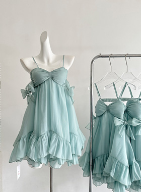 kubiliv恋夏薄荷法式少女蝴蝶结薄荷绿吊带短裙荷叶边连衣裙