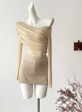 YOLI 张宥利法式轻奢名媛一字肩长袖t网纱恤女秋季显瘦上衣百搭