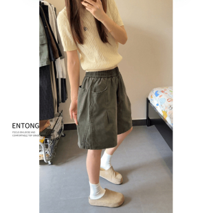 男夏季 五分中裤 高腰直筒工装 斜切休闲美式 裤 Entong军绿色水洗短裤