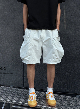 Entong夏季白色大口袋工装短裤男士夏外穿薄款美式宽松休闲五分裤