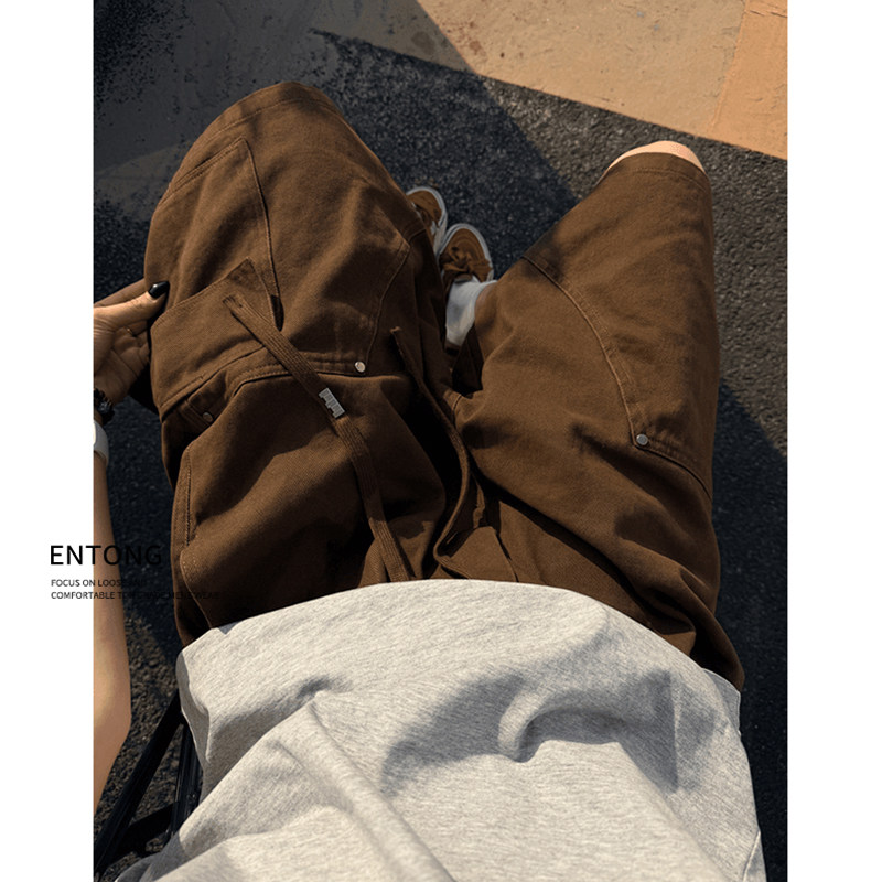 Entong美拉德棕色水洗工装短裤男夏季重磅伐木工装阔腿宽松五分裤