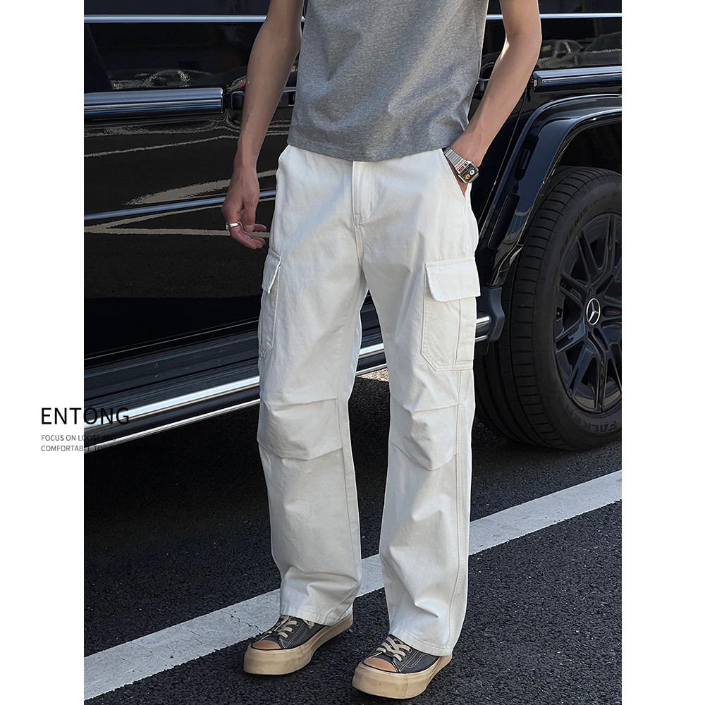 Entong美式街头白色工装裤男秋季新款宽松直筒百搭大口袋休闲长裤