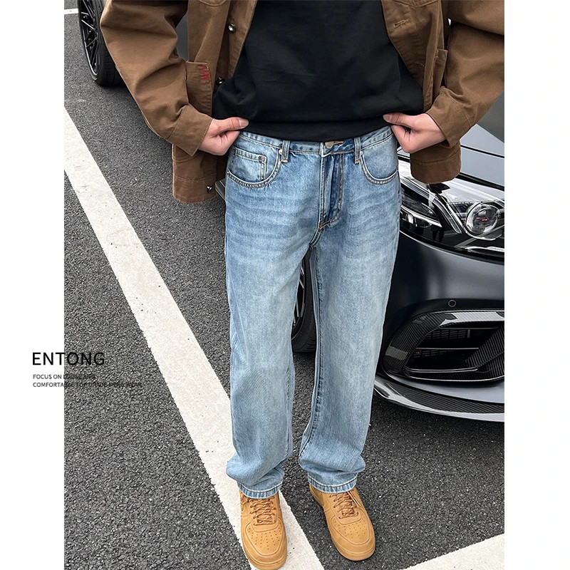 Entong秋季水洗浅蓝色直筒牛仔裤子美式高街复古宽松百搭男长裤