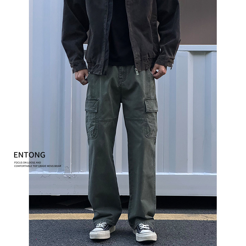 Entong美式多口袋军绿色工装裤子男款牛仔裤宽松百搭直筒休闲长裤