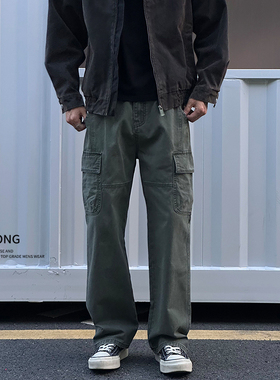 Entong美式多口袋军绿色工装裤子男款牛仔裤宽松百搭直筒休闲长裤