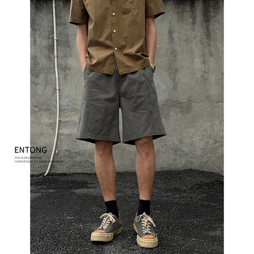 Entong美式潮流灰色五分裤男款夏季宽松阔腿中裤拼接设计运动短裤