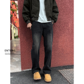 男痞帅百搭宽松直筒裤 Entong美式 复古做旧黑色cleanfit微喇牛仔裤