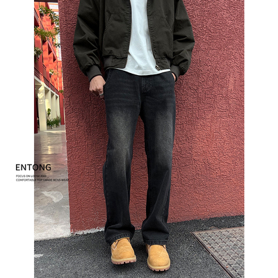 美式复古做旧黑色cleanfit牛仔裤