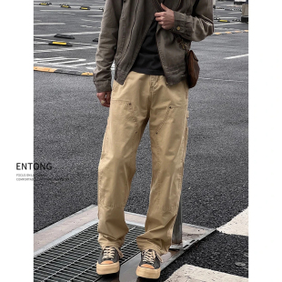 Entong美式复古卡其色伐木工装牛仔裤男款vibe宽松直筒潮流长裤子