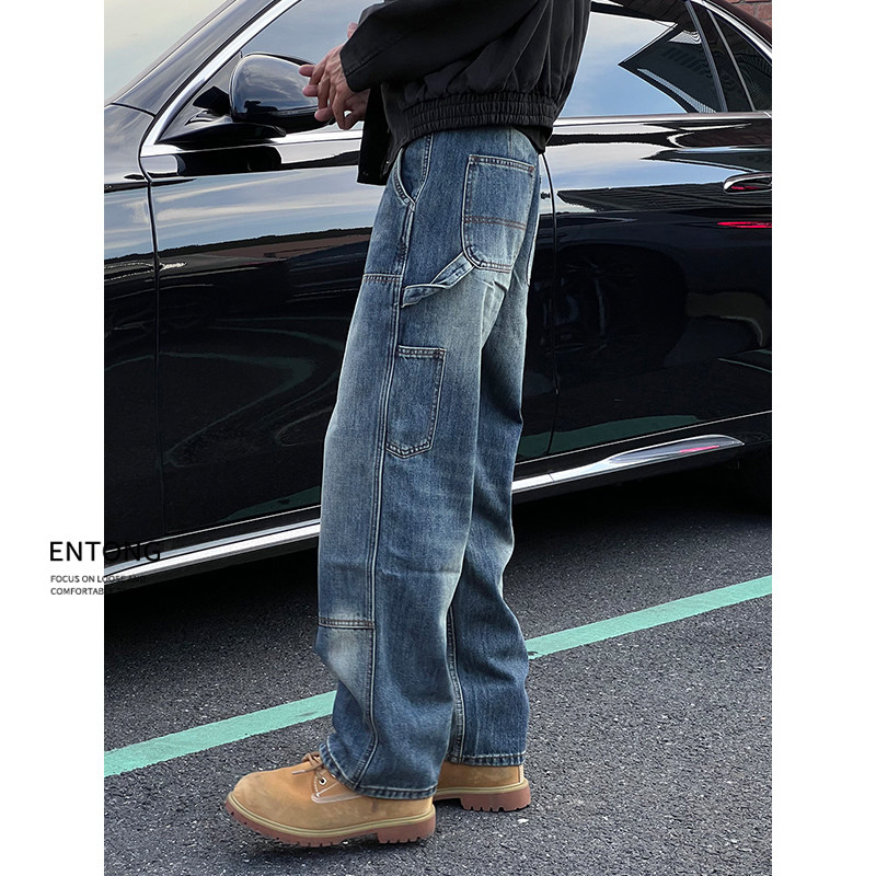 Entong美式伐木水洗工装牛仔裤子男款秋季百搭直筒宽松潮流长裤