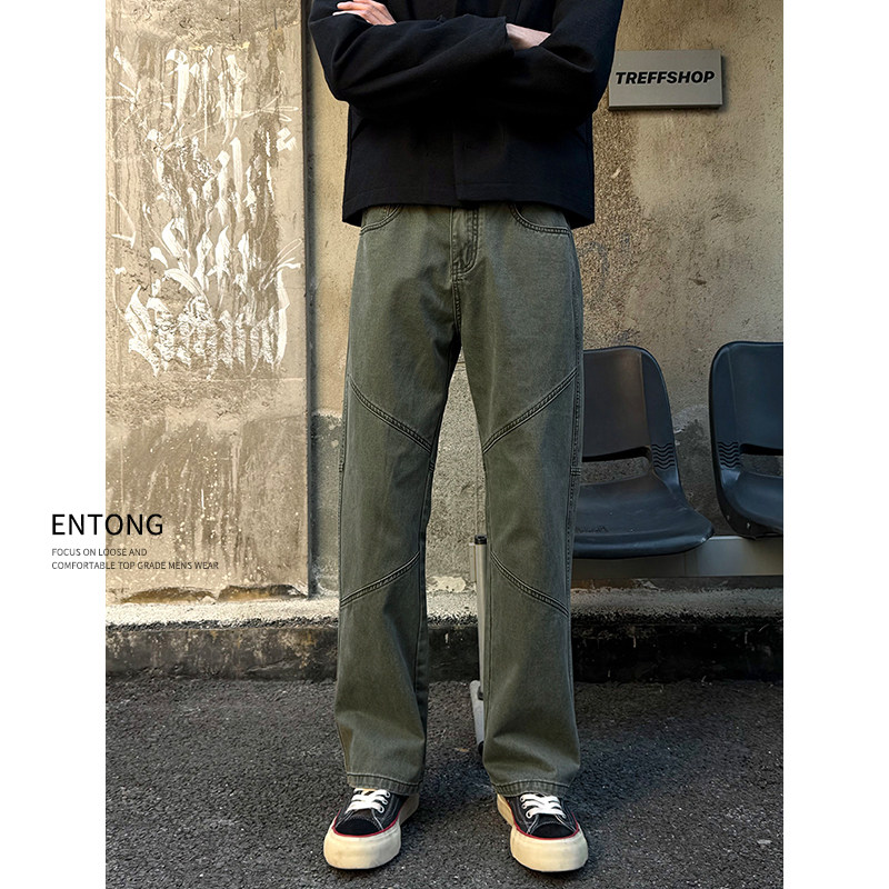 Entong潮牌军绿色直筒百搭牛仔裤男款解构宽松休闲潮流美式长裤子