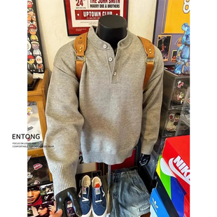 Entong灰色亨利领针织毛衣男春秋美式慵懒风卫衣Polo衫内搭打底衫
