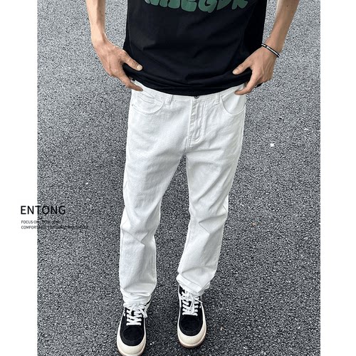 潮牌白色直筒牛仔裤男士