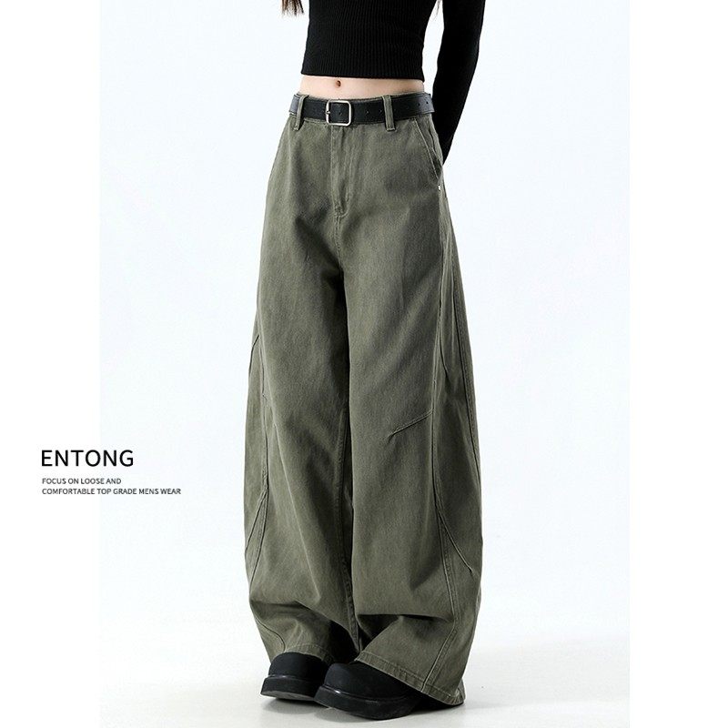 Entong美式复古军绿色阔腿牛仔裤男女秋季情侣设计感斜切工装裤子