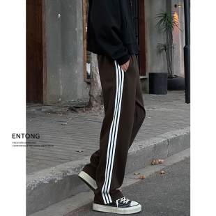 百搭休闲长裤 Entong潮牌复古三条杠咖色卫裤 高街秋季 子美式 男生裤