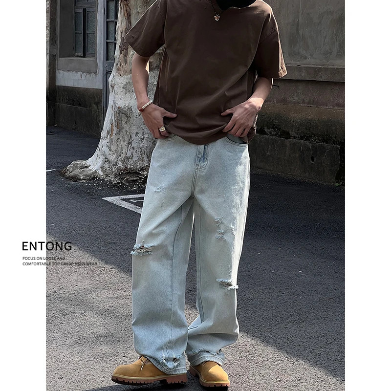 Entong浅蓝色破洞水洗牛仔裤男2025秋季新款宽松阔腿百搭潮牌长裤