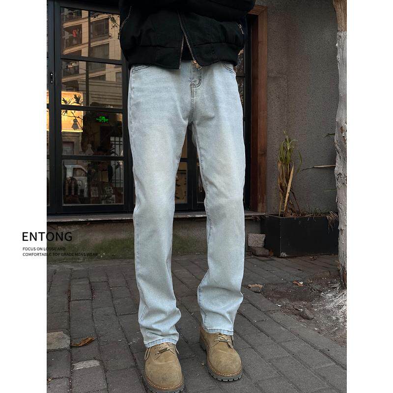 Entong美式高街vibe浅蓝色牛仔裤男士春秋季直筒修身cleanfit裤子