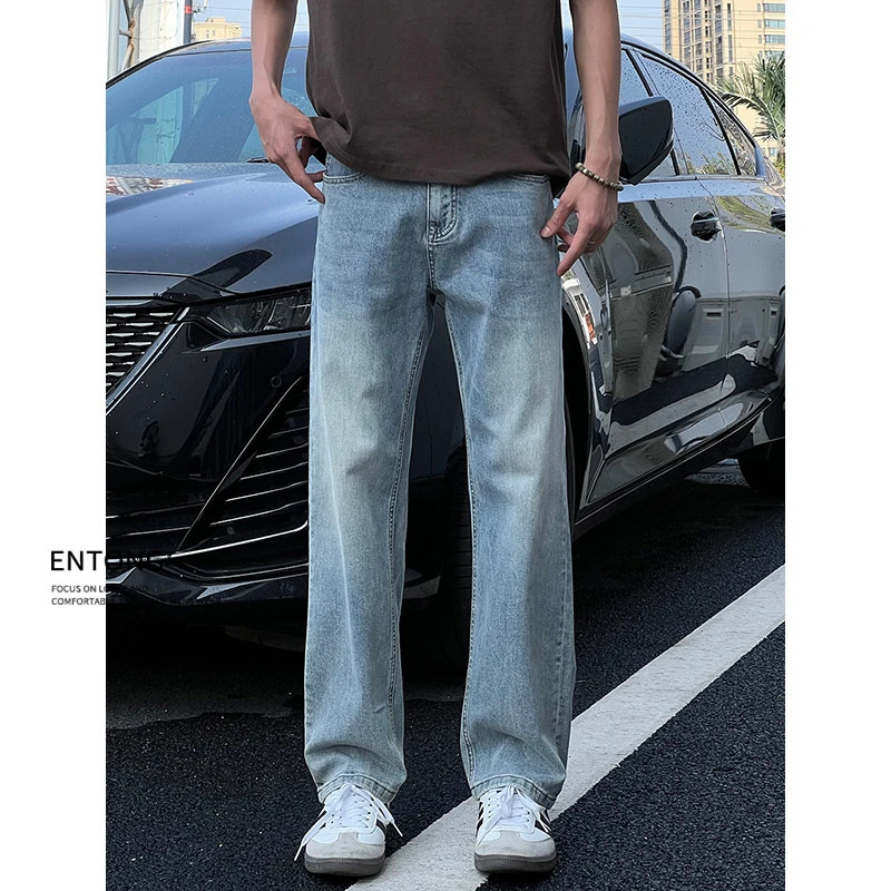 Entong秋季浅蓝色cleanfit直筒牛仔裤子美式高街男生复古宽松长裤