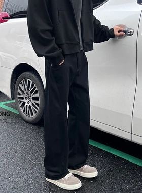 Entong美式高街vibe黑色解构牛仔裤男款春秋季复古直筒工装长裤子