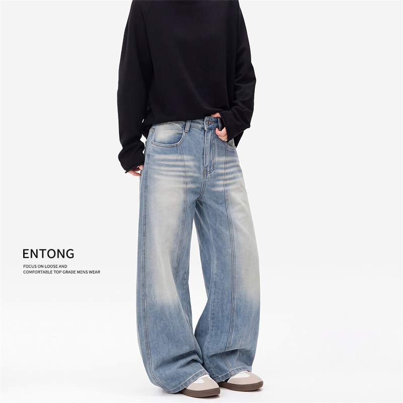 Entong美式拼接水洗蓝色弯刀牛仔裤男士秋季宽松潮流运动阔腿裤子