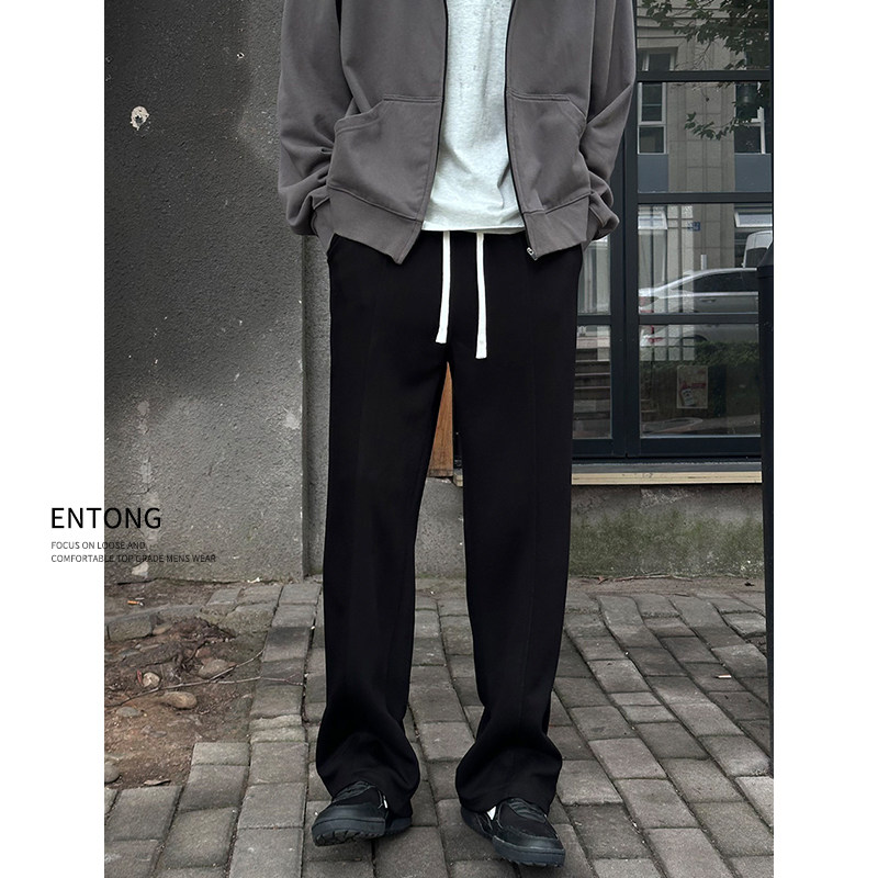 Entong美式高街vibe针织卫裤男款黑色宽松直筒裤百搭运动休闲裤子