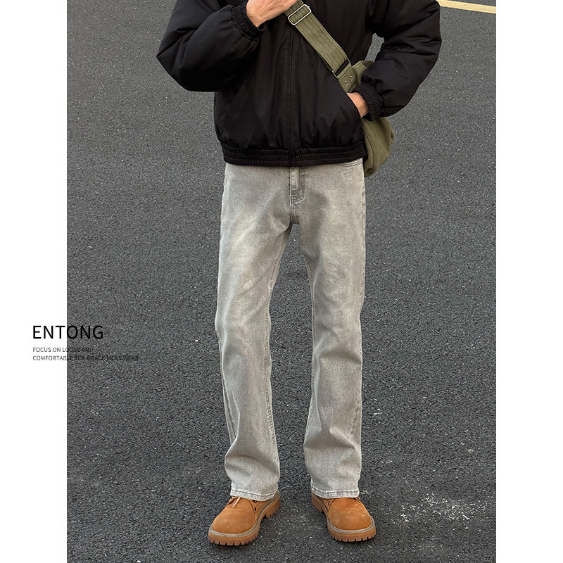 Entong高街复古水洗显瘦微喇牛仔裤子男款春秋季美式百搭复古长裤