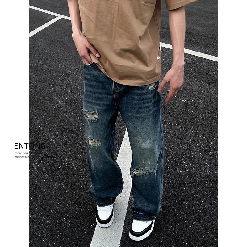 Entong秋季新款做旧磨毛破洞牛仔裤男士美式复古宽松潮牌直筒长裤