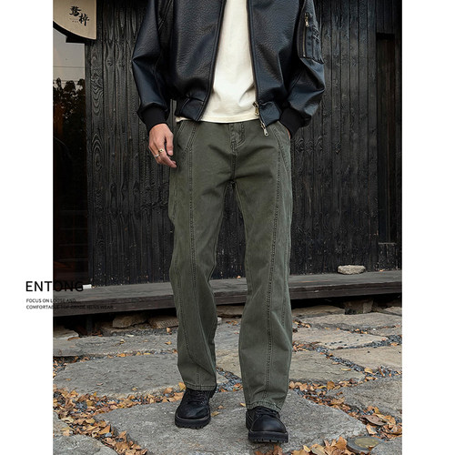 复古军绿色cleanfit高街牛仔裤