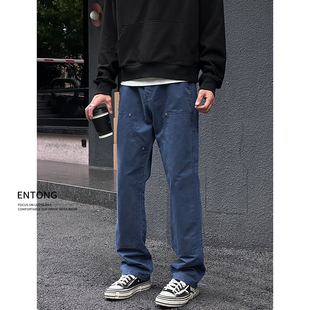 Entong法工蓝美式工装裤男款潮牌cleanfit裤子直筒宽松伐木牛仔裤