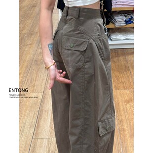 潮牌痞帅多口袋直筒长裤 Entong美式 男女同款 裤 子 复古斜切弯刀工装