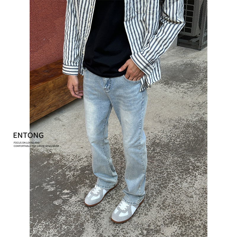 Entong美式高街浅蓝色微喇牛仔裤男士2025新款春秋季直筒百搭长裤