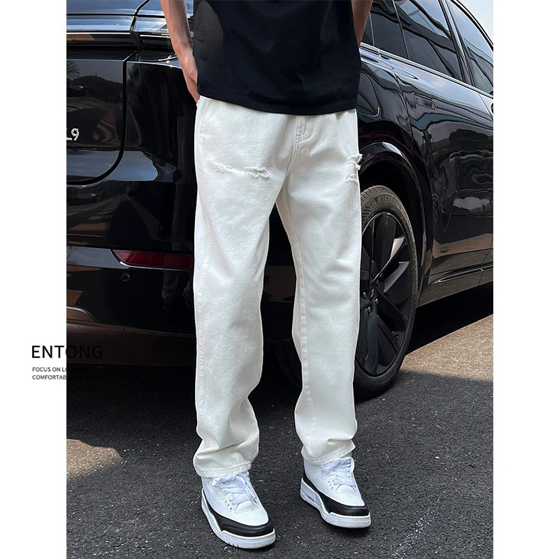 Entong美式cleanfit破洞直筒牛仔裤男士秋季新款高街vibe宽松长裤