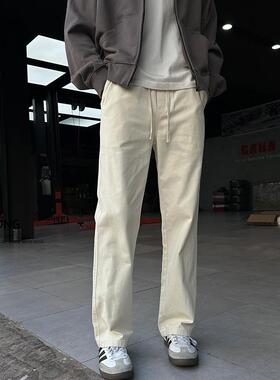 Entong美式高街vibe杏色男士休闲裤松紧腰宽松阔腿百搭直筒长裤子
