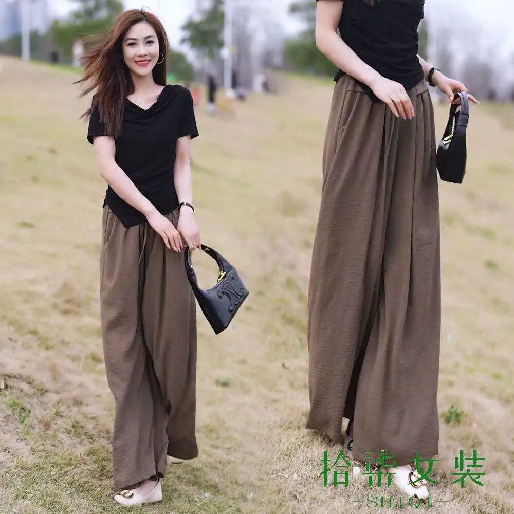 洋气修身上衣显瘦阔腿裤两件套潮减龄气质T恤套装女2025夏季新款