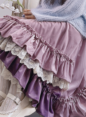 PINKWINK小星夜 秋 紫色原创蕾丝花边不规则大摆高腰加厚半身裙