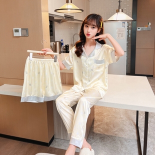 桑蚕丝女童真丝睡衣三件套夏季薄款空调服2025新款大童家居服短袖