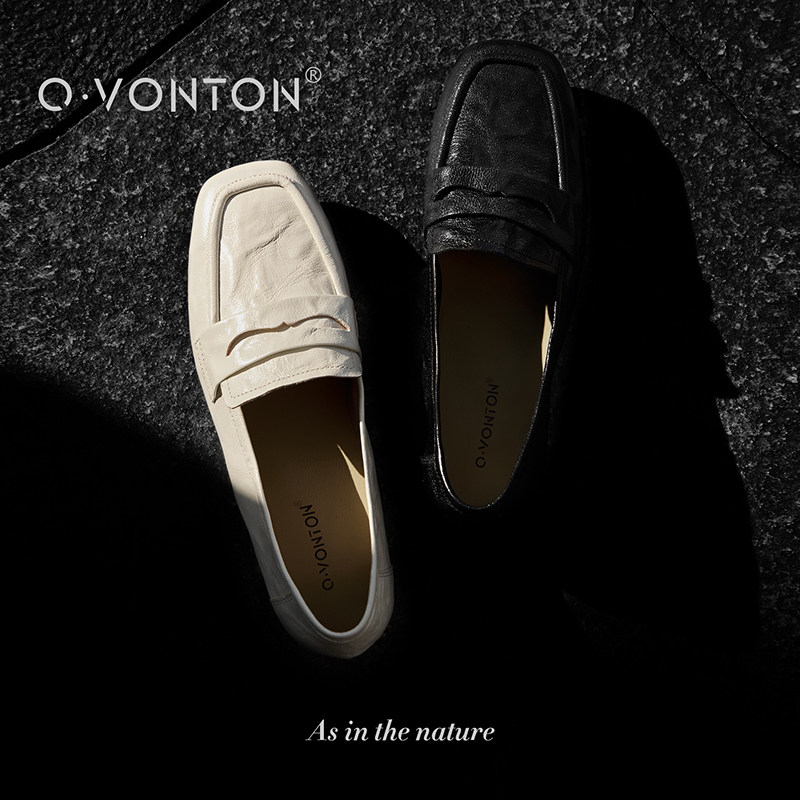 Q.VONTON 极简主义 质感羊皮乐福鞋女春夏黑白简约一脚蹬平底单鞋,女鞋,乐福鞋（豆豆鞋）,淘宝优惠券,粉丝福利购,淘宝优惠卷