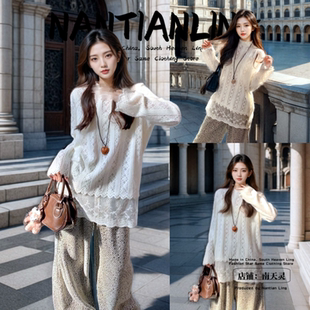 时尚气质蕾丝屁帘针织打底衫2025新款别致好看半高领上衣女装内搭