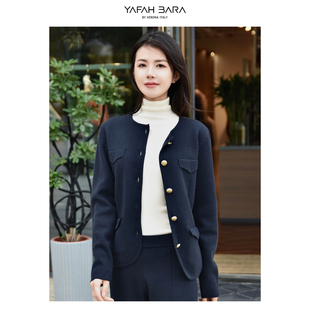 柔软素雅针织衫 YAFAH 羊绒藏蓝色带扣开衫 亚菲贝拉 通勤OL BARA