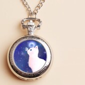儿童表女孩时尚 翻盖石英怀表学生可爱猫咪卡通项链表唯美蝴蝶挂表